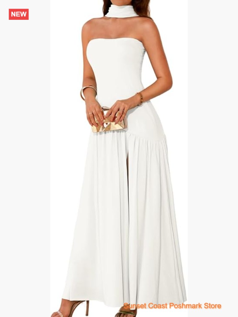 Maxi Tube Dress With Scarf Drop Waist High Slit Formal Prom Wedding Gown